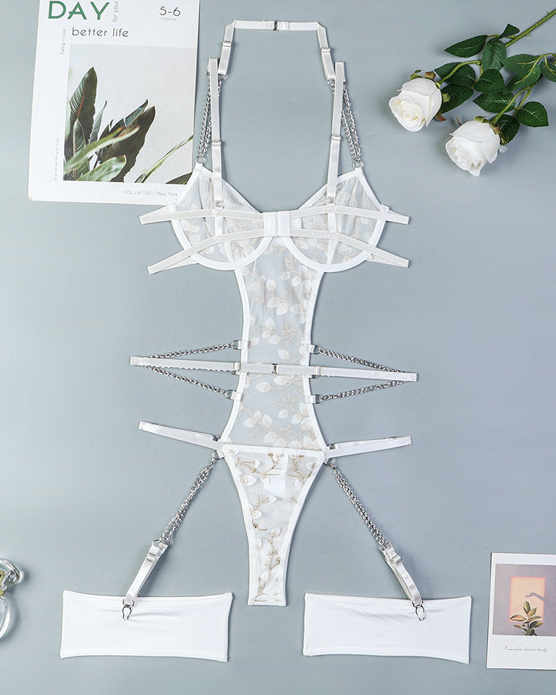White lace embroidered chain bodysuit with chain harness straps and garter bands