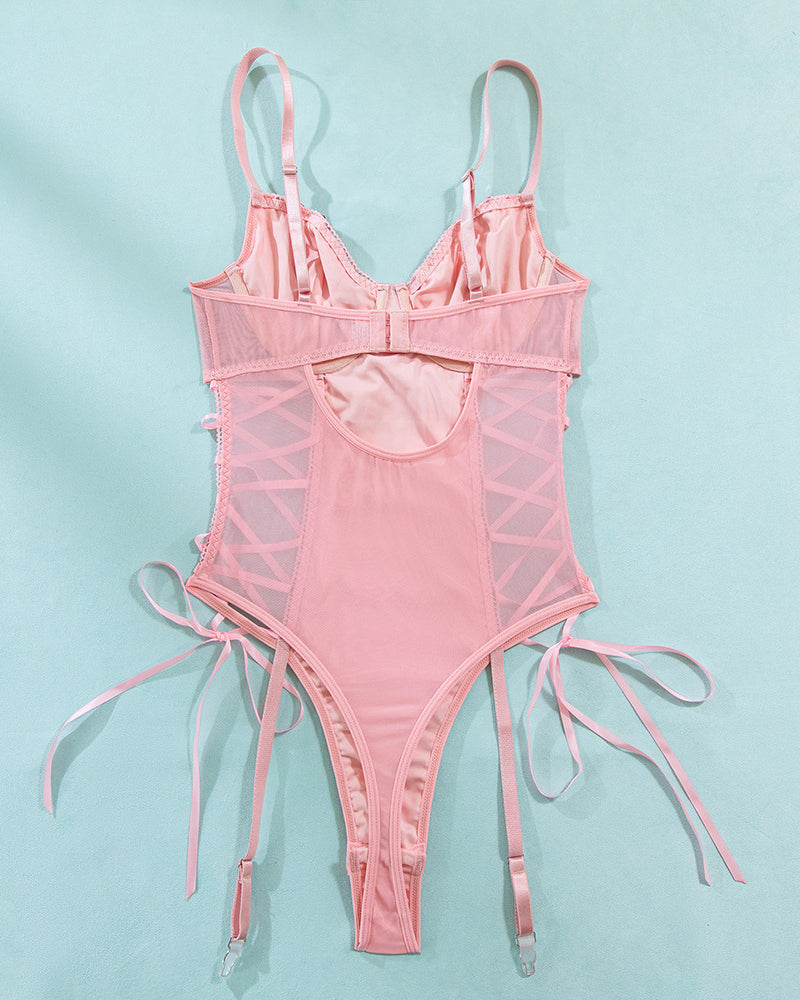 Pink mesh bodysuit back with ribbon garters and adjustable shoulder straps