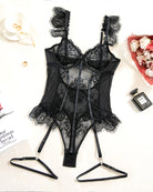 Black lace garter bodysuit with underwire cups, ruffle trim, and adjustable straps