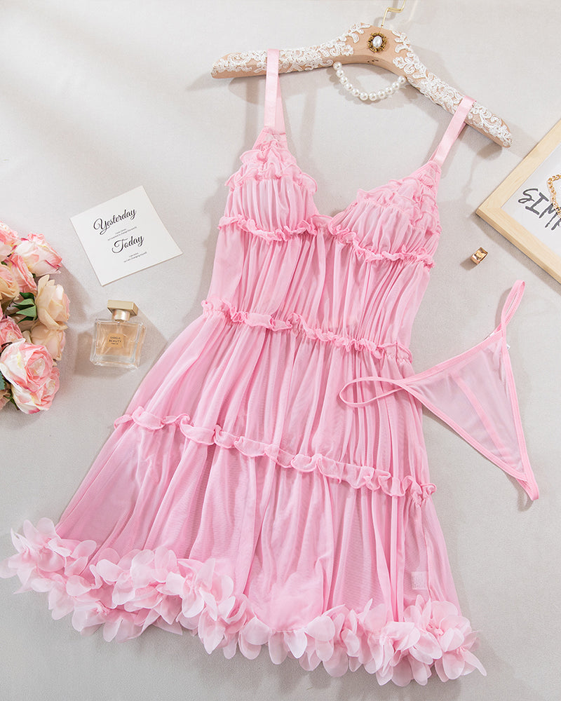 Pink babydoll puffy dress with ruffled tiers and fluttery layered skirt