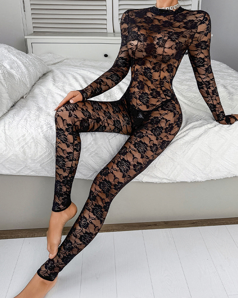 Black floral lace unitard jumpsuit with long sleeves and high neck, sheer allover