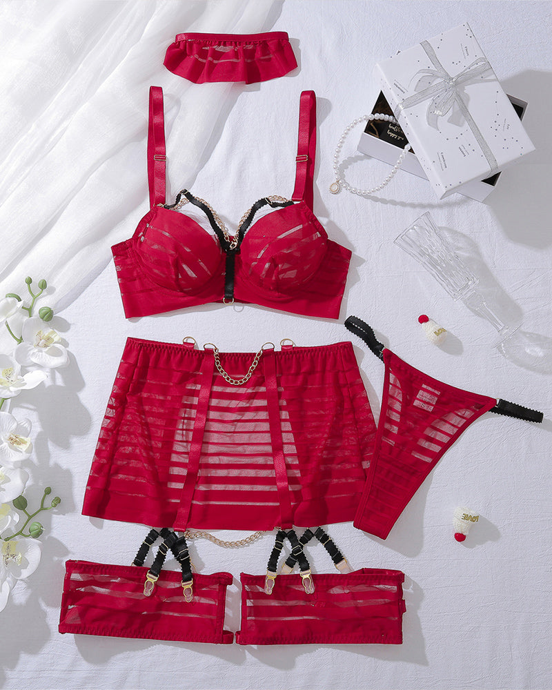 Wine red 3-piece lingerie set: bra, mini skirt, and garter thigh straps