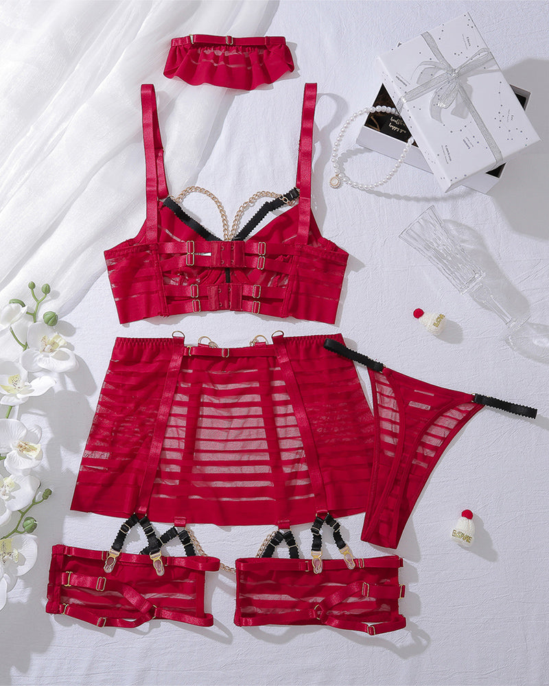 Wine red lingerie set with metal chain bra, mini skirt, choker, and thigh garters