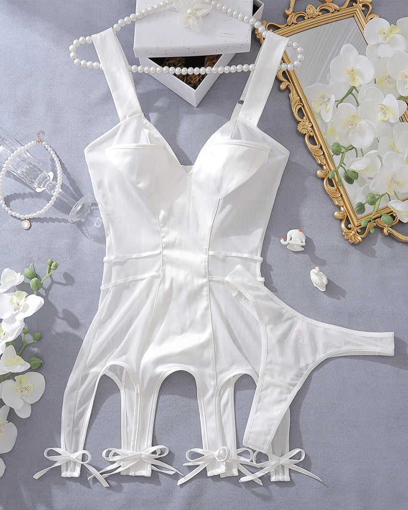 White satin mini dress with corset seams and ribbon bow hem, front view