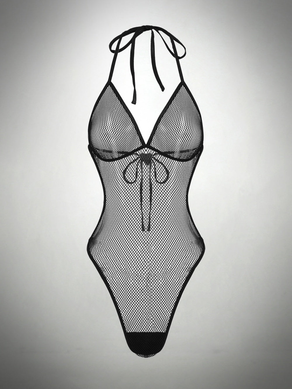 Black mesh mini bodysuit with halter neckline and front bow detail
