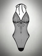Black mesh mini bodysuit with halter neckline and front bow detail