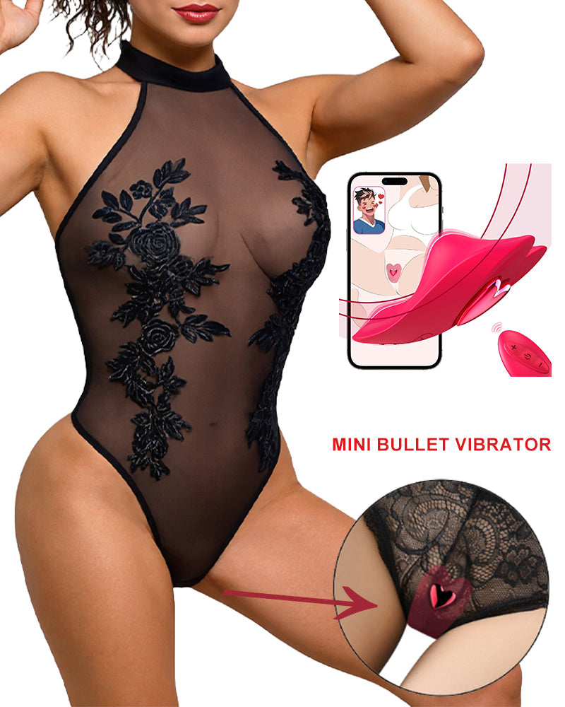 Black sheer floral bodysuit with lace applique front and high-cut leg