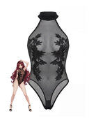 Sheer mesh bodysuit with black floral embroidery, high neck, thong leg.