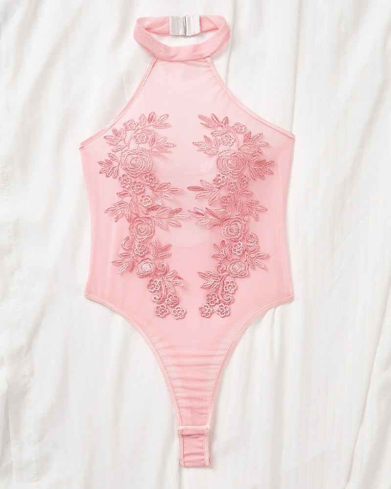 Pink sheer bodysuit with halter neck and rose floral embroidery