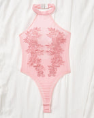 Pink sheer bodysuit with halter neck and rose floral embroidery