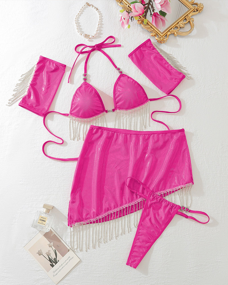 Rose pink satin lace-up lingerie set with bra, mini skirt, and matching thong-like bottoms