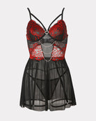 Red lace babydoll with underwire cups, chain trim, and tulle garter skirt