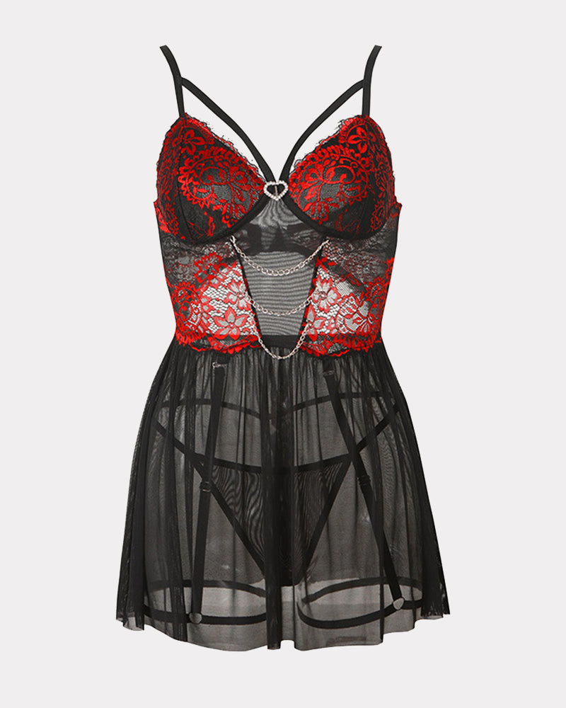 Red lace babydoll with underwire cups, chain trim, and tulle garter skirt