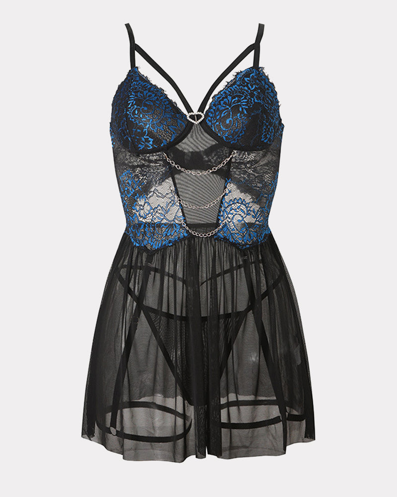 Blue lace babydoll lingerie set with underwire cups, chain accents, and tulle skirt