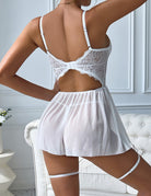 White lace babydoll back view with garter straps and tulle skirt