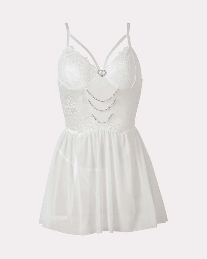 White lace babydoll lingerie with underwire cups and chain-trim tulle skirt