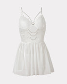 White lace babydoll lingerie with underwire cups and chain-trim tulle skirt