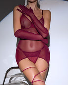 Wine red mesh bodycon dress with spaghetti straps and matching sheer gloves