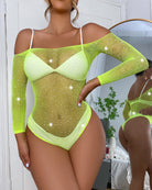 Neon green off-shoulder fishnet bodysuit, long sleeves, standing front view