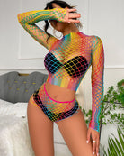 Rainbow fishnet long-sleeve shirt set with multicolor grid pattern