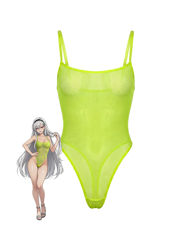 Sheer mesh bodysuit in lime green with high-cut leg and thin shoulder straps