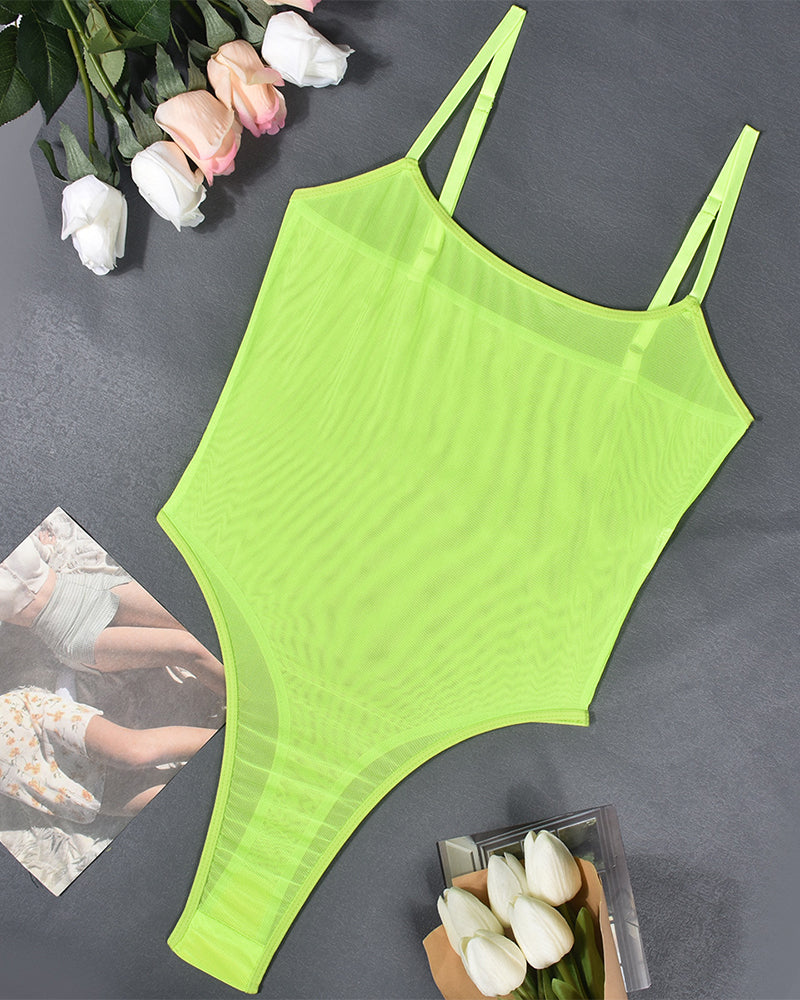 Sheer mesh bodysuit with high-cut legs, neon green, thin spaghetti straps