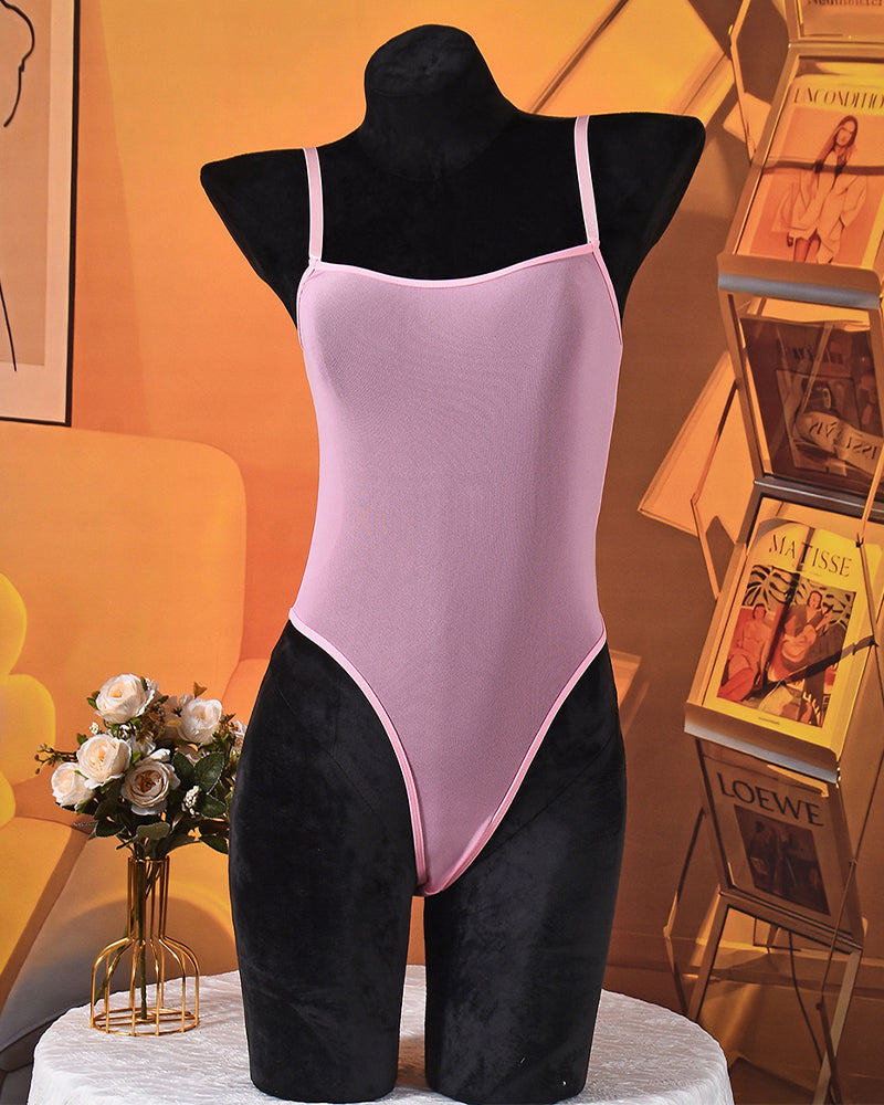 Sheer mesh bodysuit with high-cut legs, light purple, thin spaghetti straps