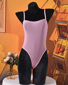 Sheer mesh bodysuit with high-cut legs, light purple, thin spaghetti straps