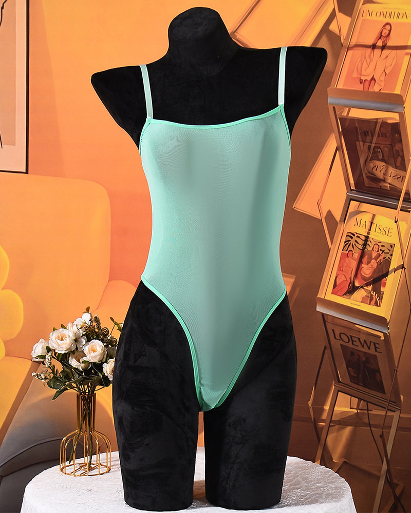 Sheer mesh bodysuit with high-cut legs, mint green, thin spaghetti straps