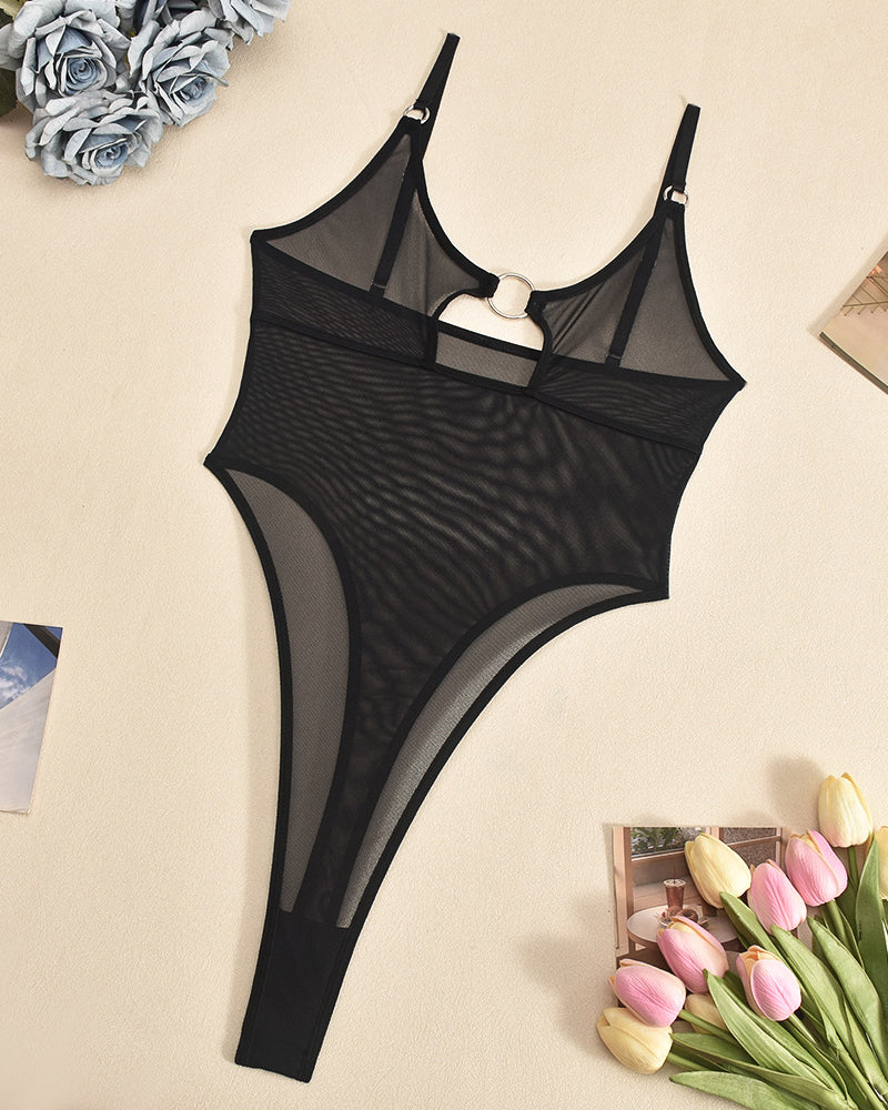 Black hollow mesh sheer bodysuit with ring keyhole cutout and thin strap sides