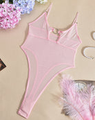 Light pink hollow mesh sheer bodysuit with ring cutout and thin strap neckline