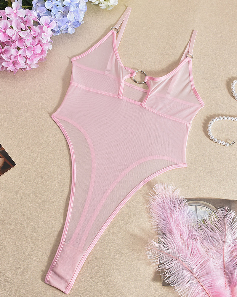 Light pink hollow mesh sheer bodysuit with ring cutout and thin strap neckline