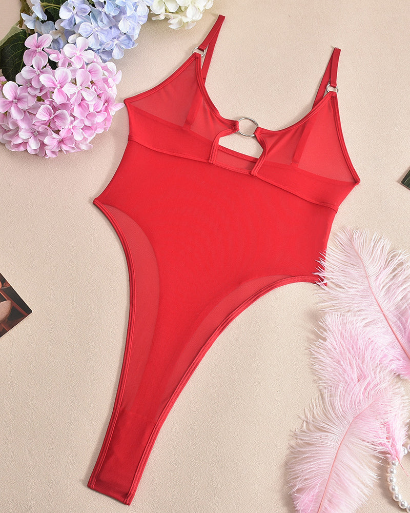 Red hollow mesh sheer bodysuit with ring neckline cutout and thong bodice panel