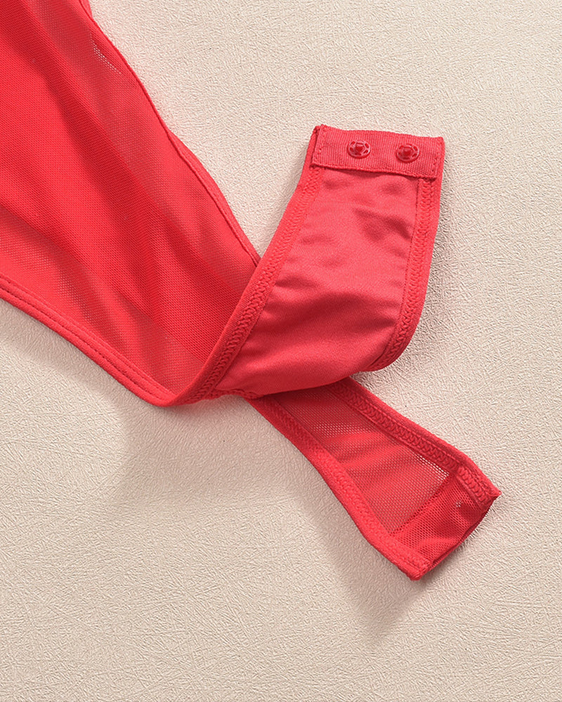 Red hollow mesh sheer bodysuit fabric detail with lined leg opening and snap tab