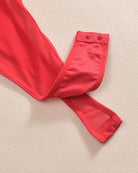 Red hollow mesh sheer bodysuit fabric detail with lined leg opening and snap tab