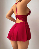 Wine red lace mesh backless babydoll with scalloped lace trim and mini skirt