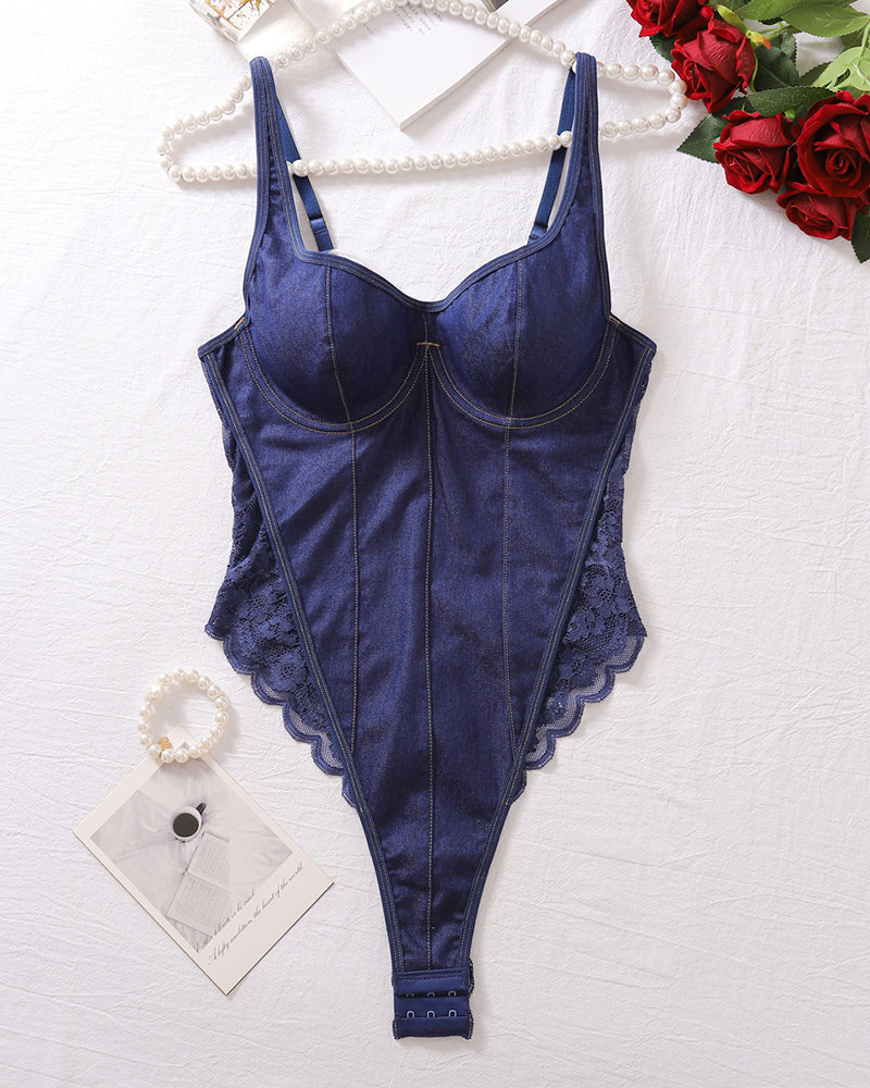Blue lace denim backless bodysuit, front view, with lace hem and adjustable straps