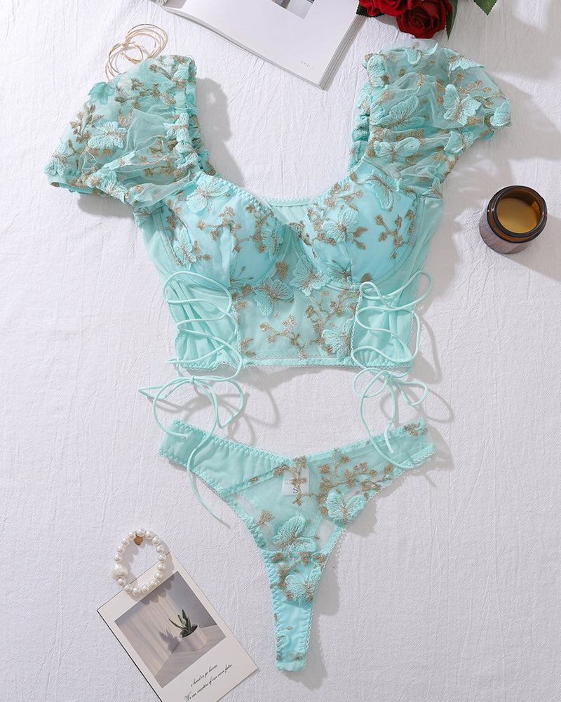 Light green embroidered lace-up bra and thong panty set with floral mesh overlay