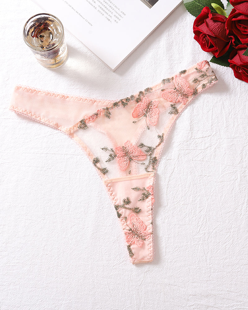 Pink embroidered thong panty with lace-up sides and scalloped stretch lace trim