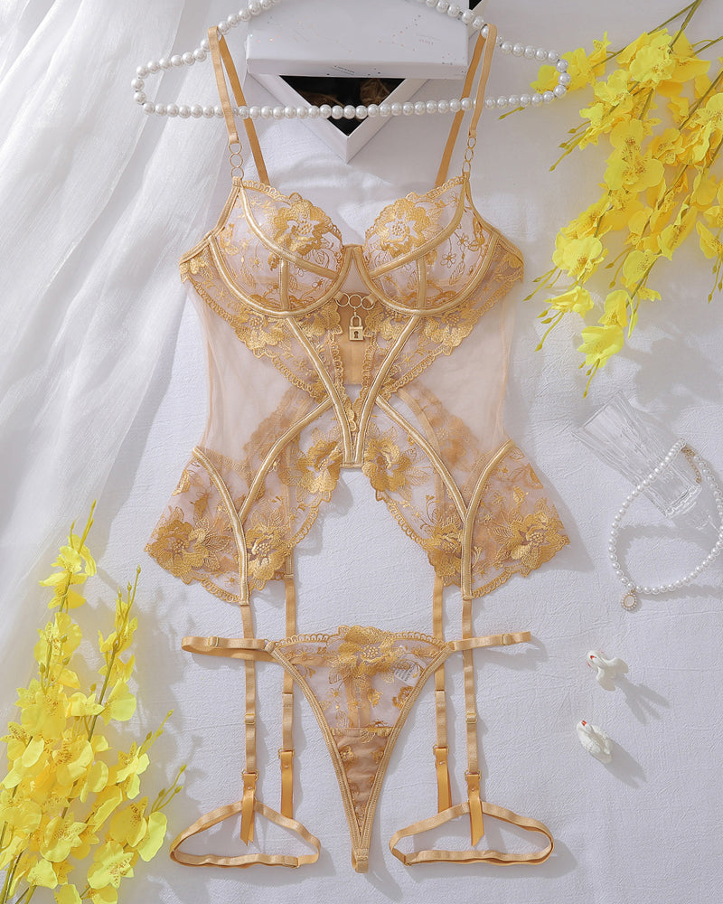 Gold lace corset lingerie set with sheer mesh and garter straps