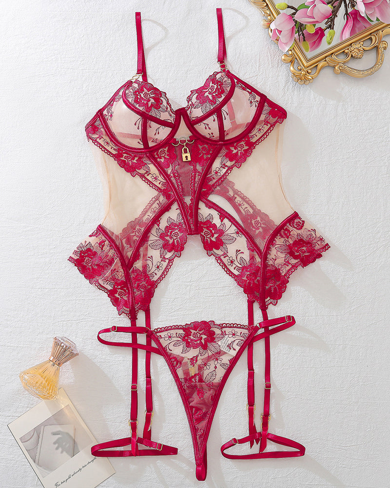 Wine red lace corset lingerie set with sheer mesh and garter straps