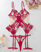 Red lace cross-waist corset lingerie set with garter straps and lace thong