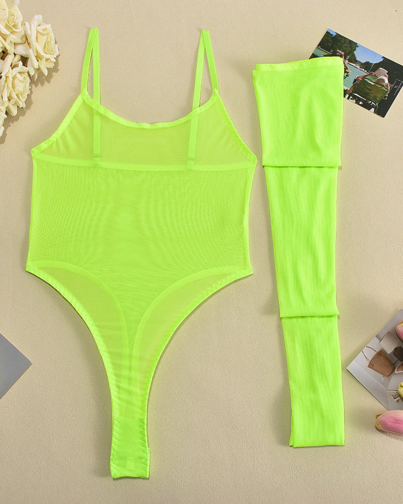 Neon green mesh bodysuit with long sheer stockings, flat lay