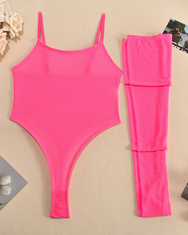 Hot pink sheer bodysuit and matching thigh-high stockings set, flat lay