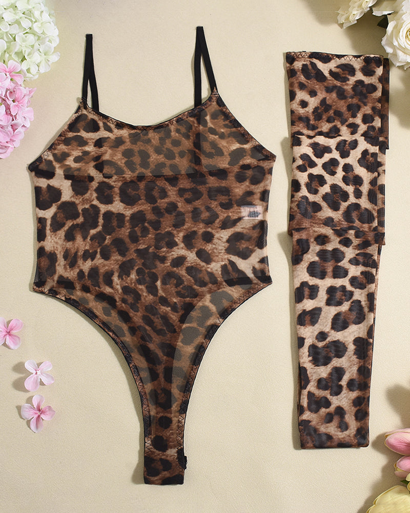 Leopard print sheer mesh bodysuit with matching thigh-high stockings set