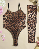 Leopard print sheer mesh bodysuit with matching thigh-high stockings set