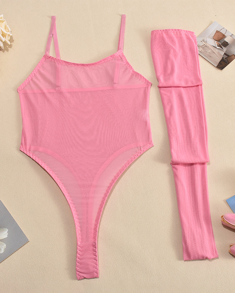 Pink mesh sheer bodysuit with matching thigh-high stockings set