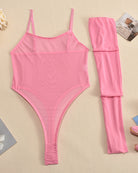 Pink mesh sheer bodysuit with matching thigh-high stockings set