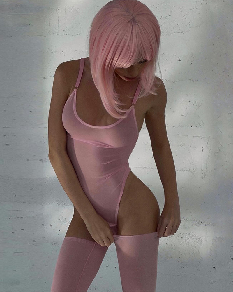 Light pink sheer mesh bodysuit with thin straps and matching thigh-high stockings