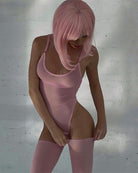 Light pink sheer mesh bodysuit with thin straps and matching thigh-high stockings